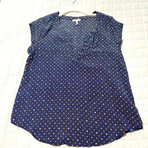 JOIE Ryanna Blouse Silk Navy Geo Print Short Sleeve V Neck Shirt Top Women Med